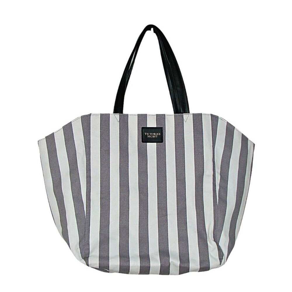 Victorias Secret Striped Canvas Tote Bag Gray White Beach Travel Weekender Book